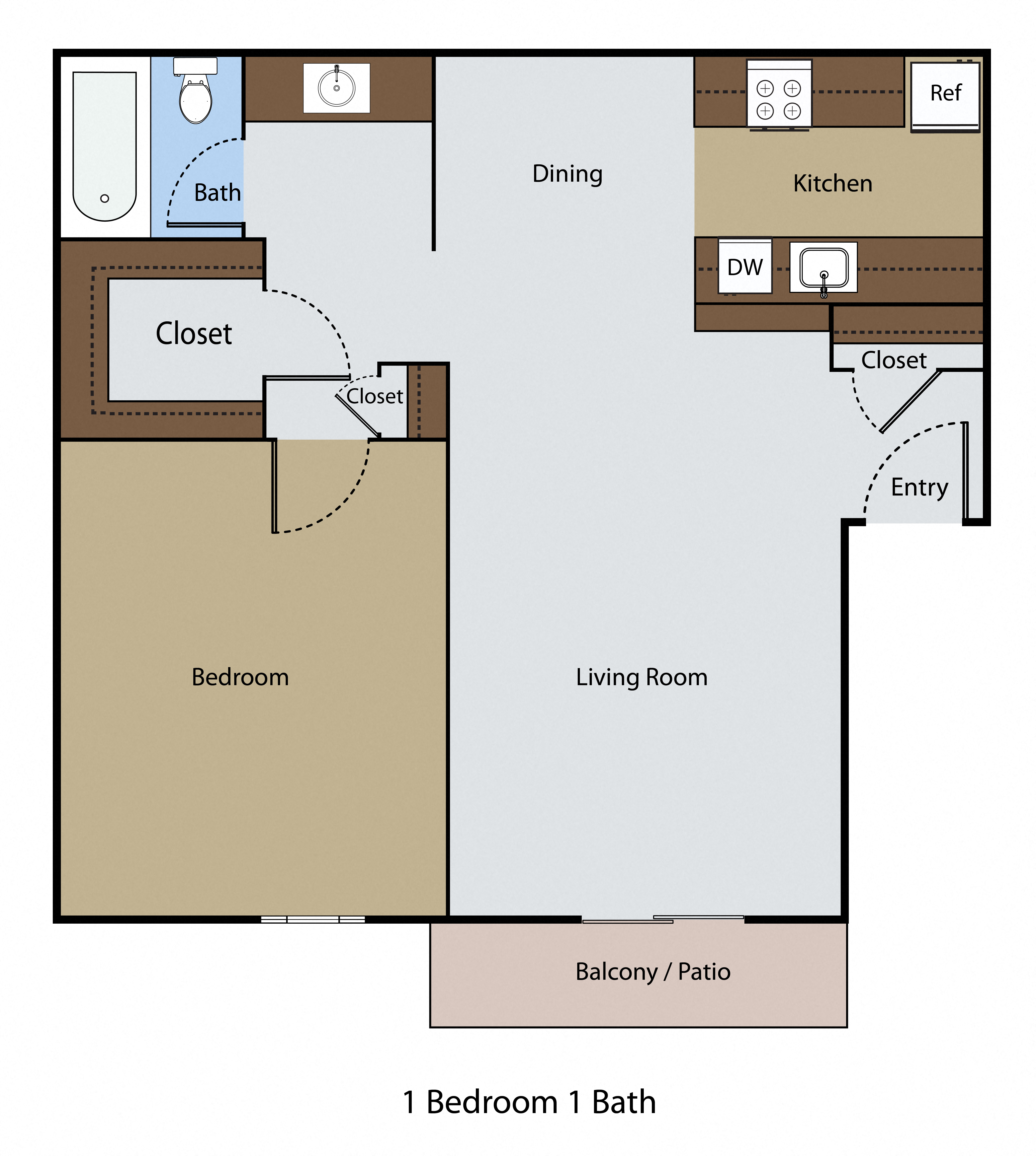 Floor plan for 1 bed, 1 bath, 734 sqft